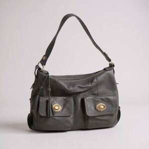 The Sak Leather Pockets Hobo Shoulder Bag Metallic Handbag Pewter Zipper Tote